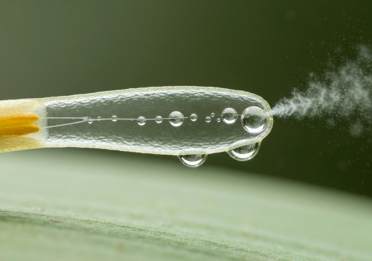 Macro photo of a pollen tube with water moving into it, suggesting water uptake and turgor-driven growth.