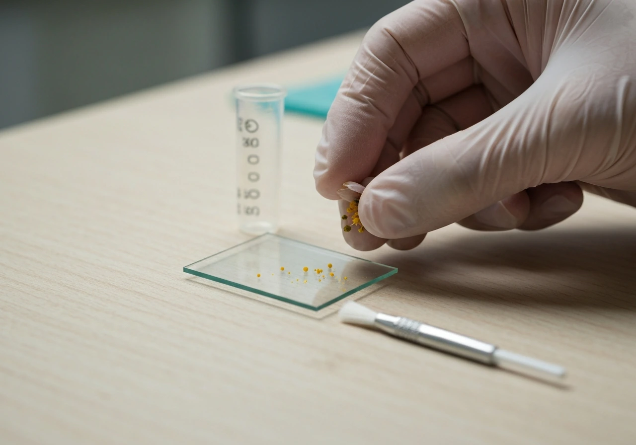 Gloved hands brushing pollen onto a microscope slide on a lab bench for germination observation.