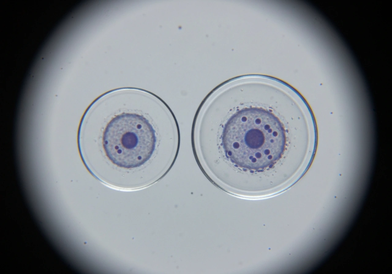 Two anonymous cultured cells in a lab dish, one smaller and one larger, implying growth before division.