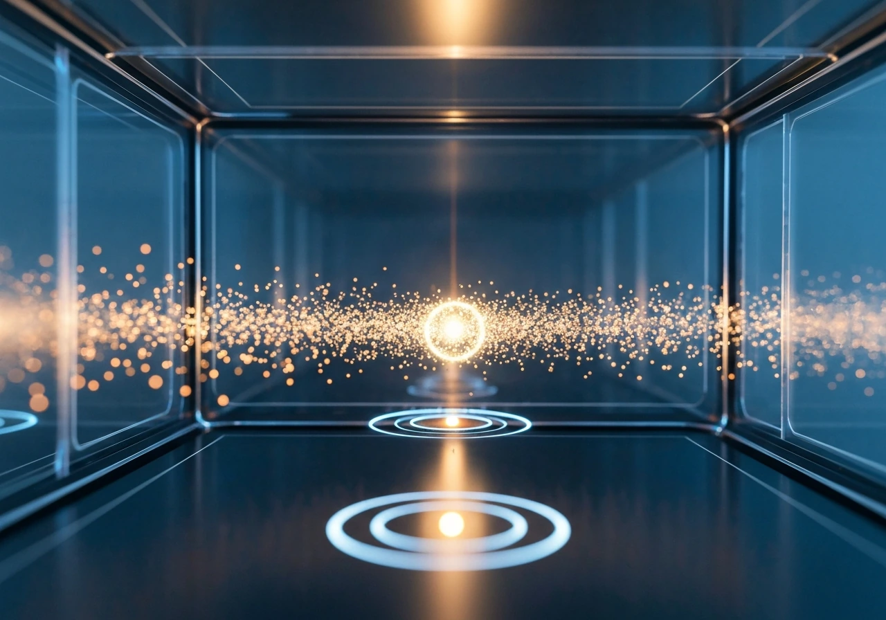 Glowing molecular signals approaching a circular checkpoint gate that blocks excess flow in a lab chamber.