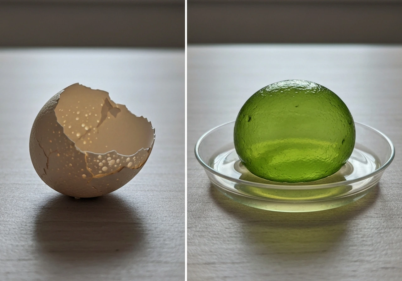 Side-by-side ostrich eggshell fragment and a large translucent green Valonia alga in a clear dish.