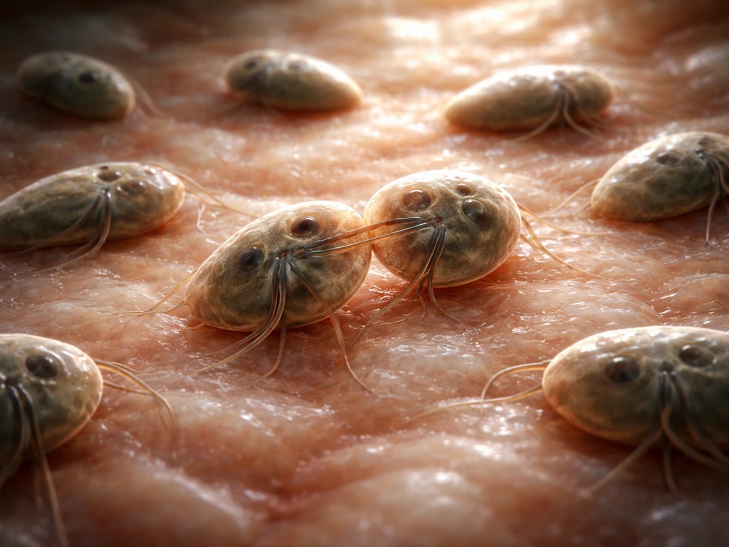 Microscope-like view of Giardia cells splitting into two on a translucent intestinal lining surface.