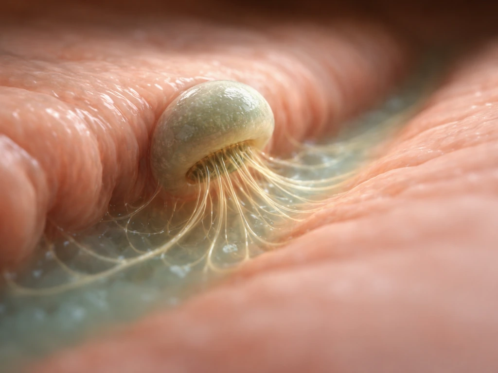 Microscopic cross-section of a gut tissue niche with a parasite-like organism attached to lining and feeding.