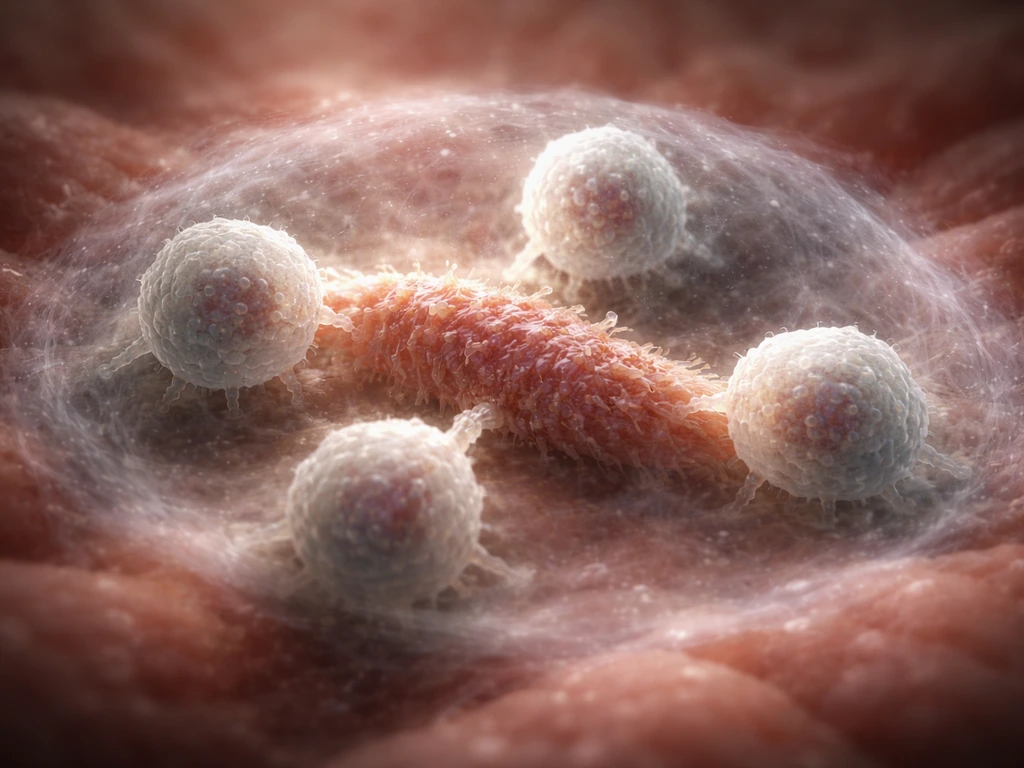 Microscopic immune cells attacking a parasite inside tissue, with a visible immune-pressure barrier effect.