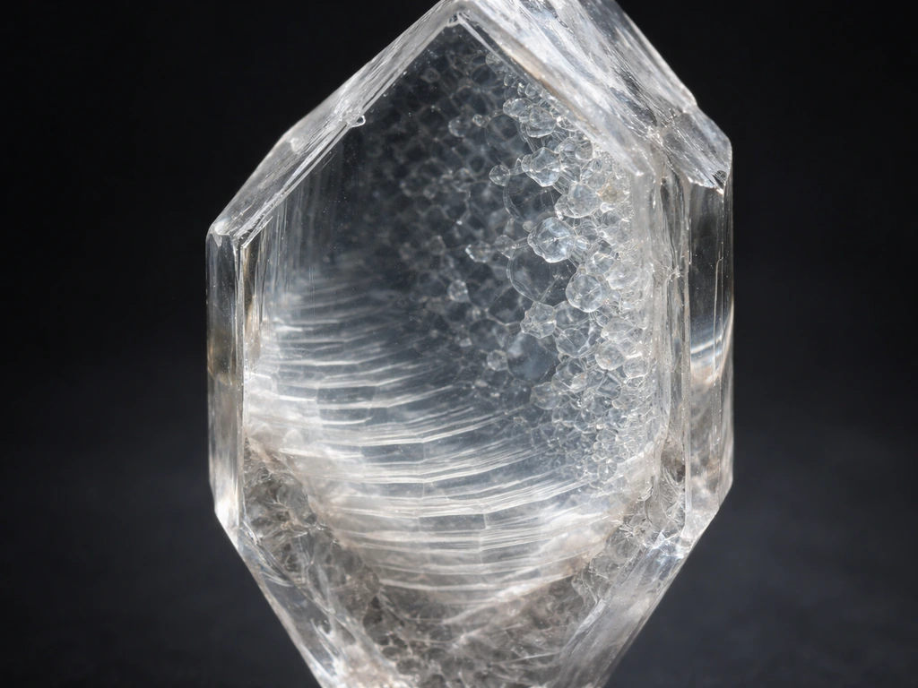 Cutaway view of a growing quartz crystal showing layered growth surfaces and crystalline structure