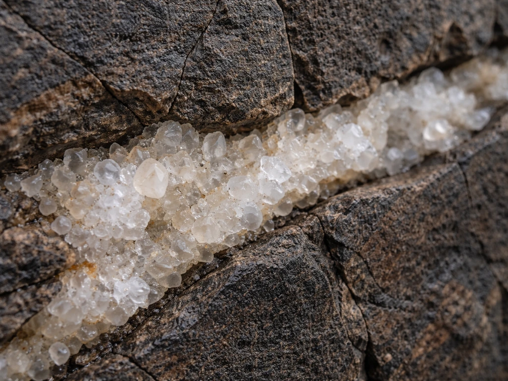 Close-up of a hydrothermal rock fracture lined with milky white quartz crystals.