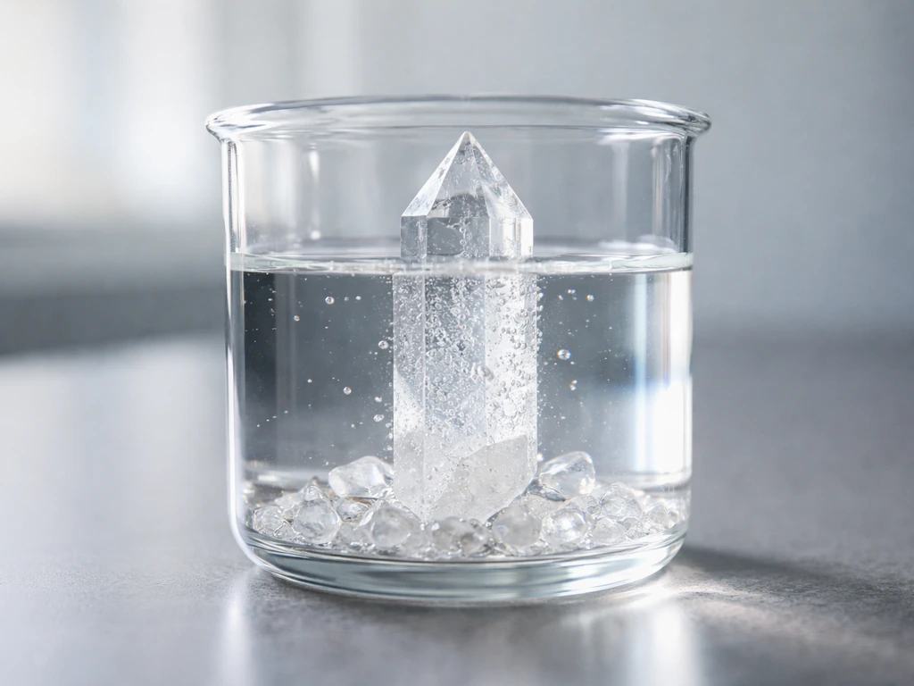 Macro photo of a quartz crystal growing in a small clear beaker under natural light.