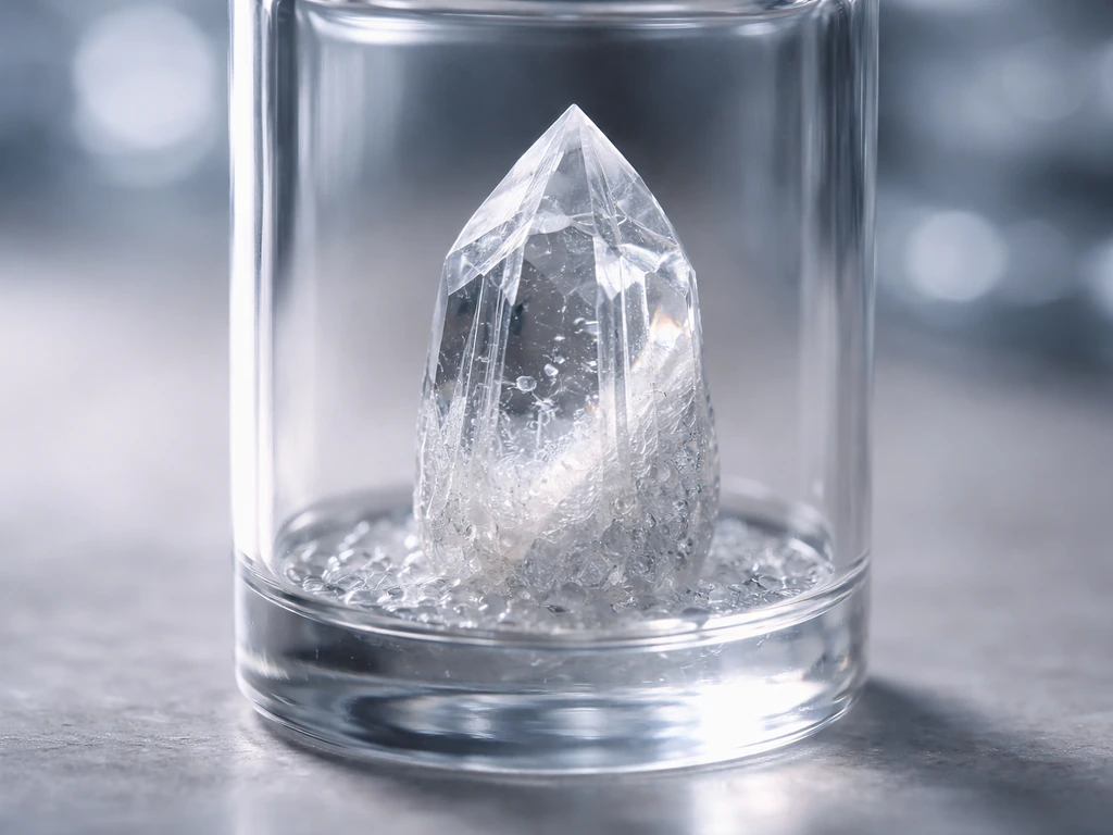 Macro close-up of a seed quartz crystal with a transparent growing overgrowth in a glass vessel.
