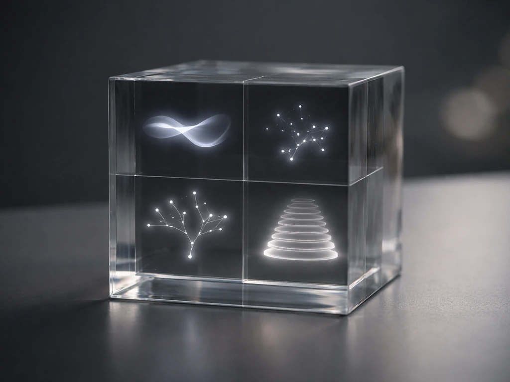 A glass cube on a desk with four light-based metaphors showing network growth at different scales.