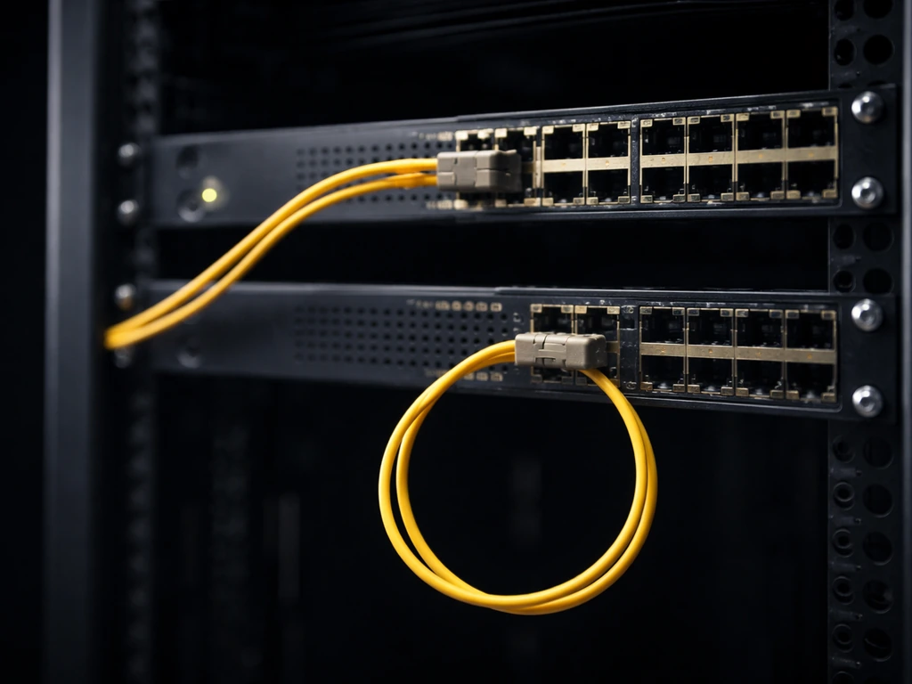 Minimal photo of a modern server rack with two fiber-optic lines, one partially bypassed into a network switch.
