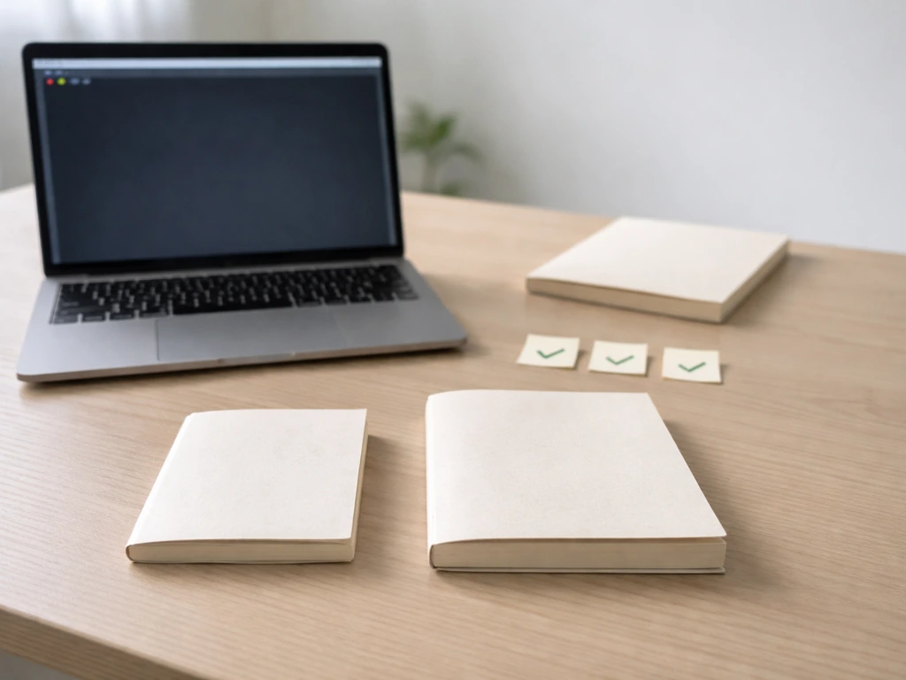 Minimal desk scene with two neat stacks of notebooks beside a small laptop showing evaluation-ready status icons.
