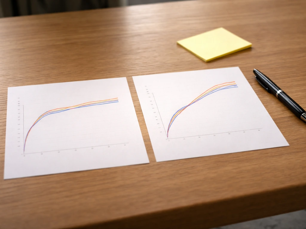 Two side-by-side validation plot prints on a desk showing one curve gaining then spiking before failing.