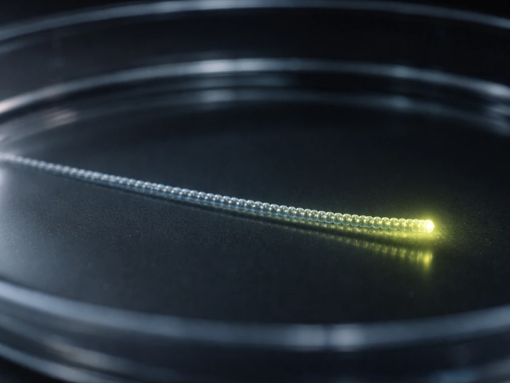 Macro photo of a single microtubule filament with a distinct bright plus end and dim minus end on a dark background.