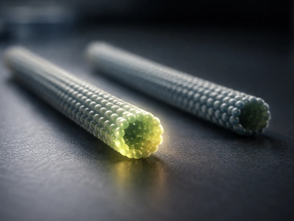 Close-up photo of two microtubule-like tubular filaments with distinct ends in a dark, minimal lab scene.
