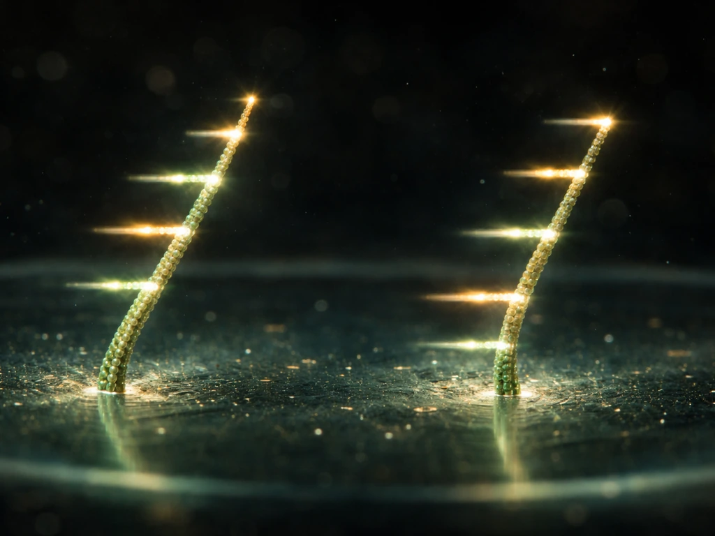 Two glowing microtubule-like filaments alternately grow and shrink, each end showing different dynamic timing.