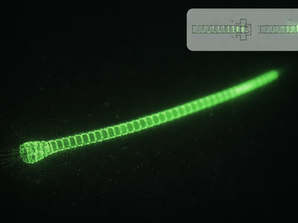 Microscope view of a fluorescent microtubule with a capped minus end, showing limited dynamics; no text inset.
