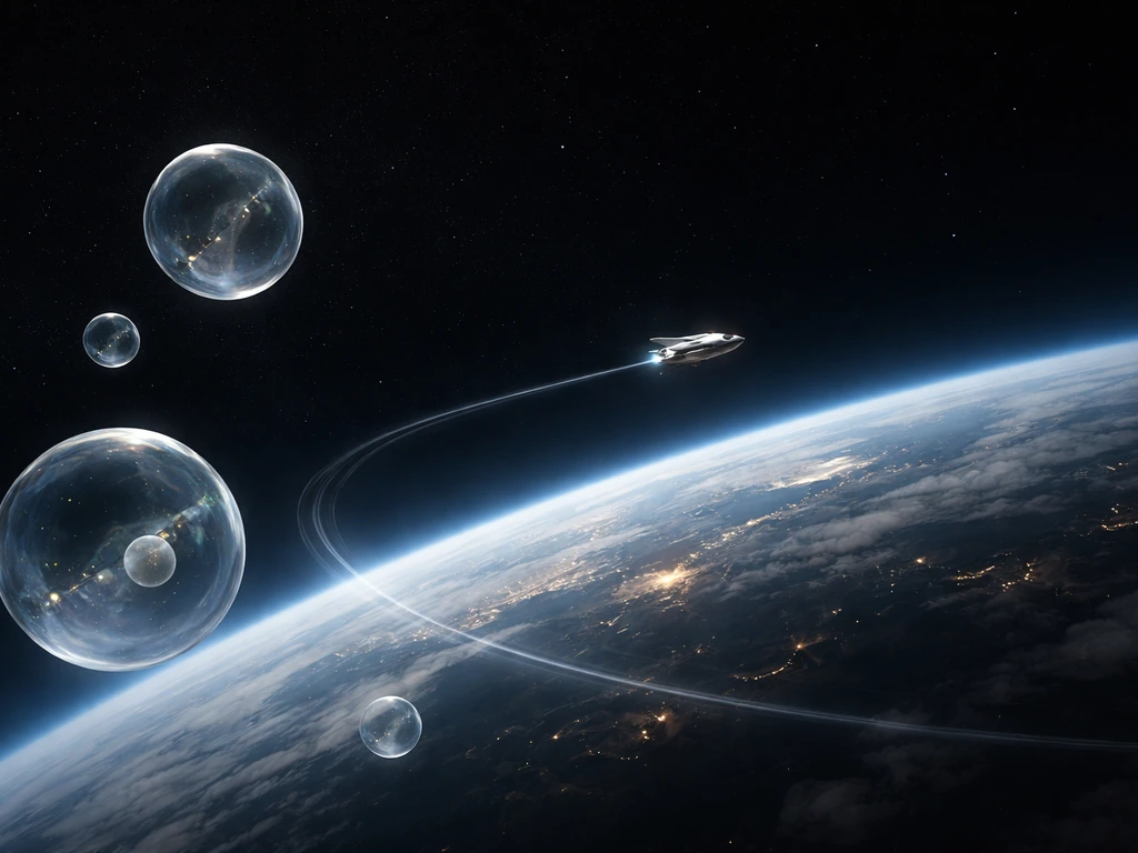 Orbital spacecraft near Earth with drifting cell-like blobs in microgravity, contrasting gravity and microgravity.