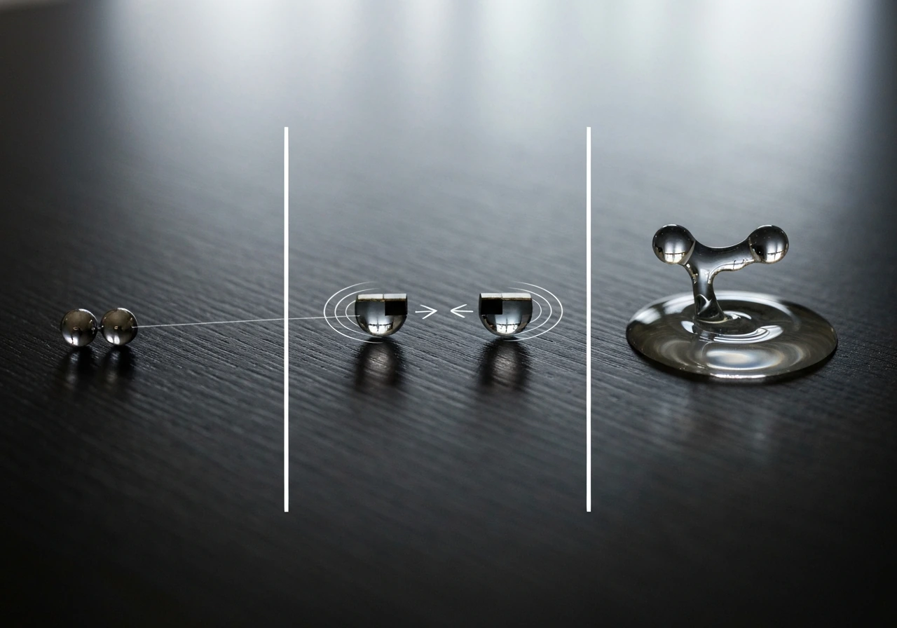 Three distinct tabletop interactions showing different meanings of attraction: pull, magnet snap, and droplet clinging.