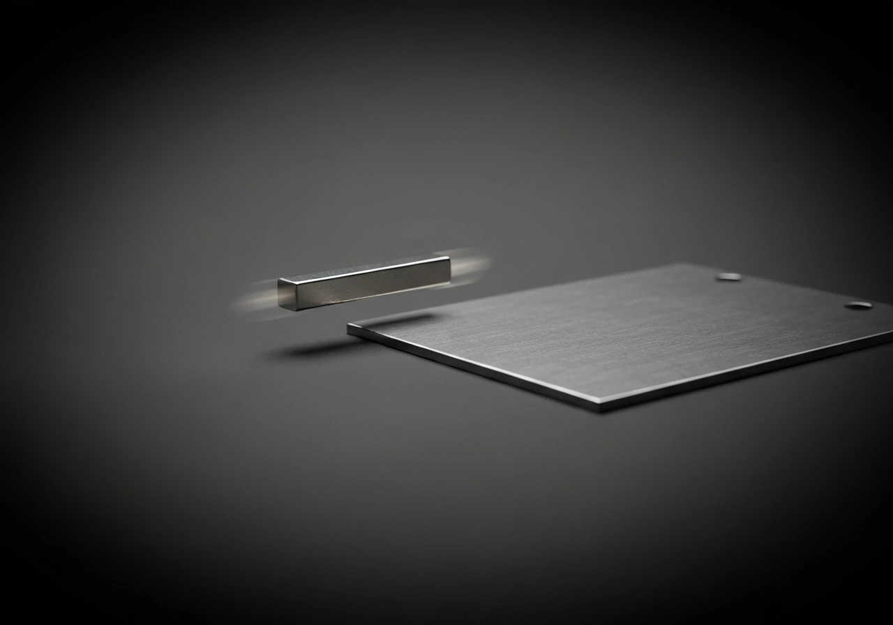 Close-up of a magnet pulling toward a metal plate in a dark, space-like setting.