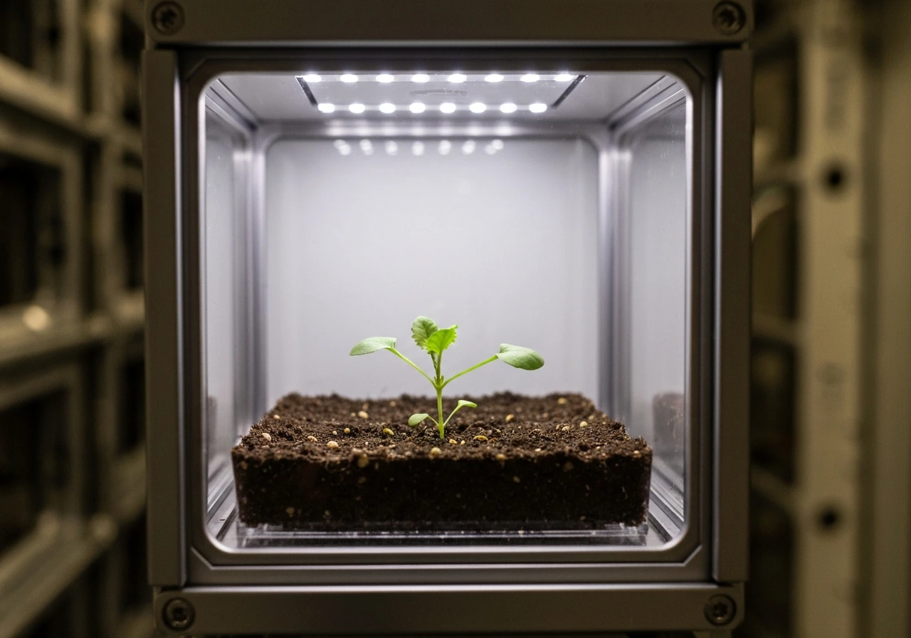 Arabidopsis thaliana plant growing inside a clear ISS-style experiment chamber, minimal and realistic
