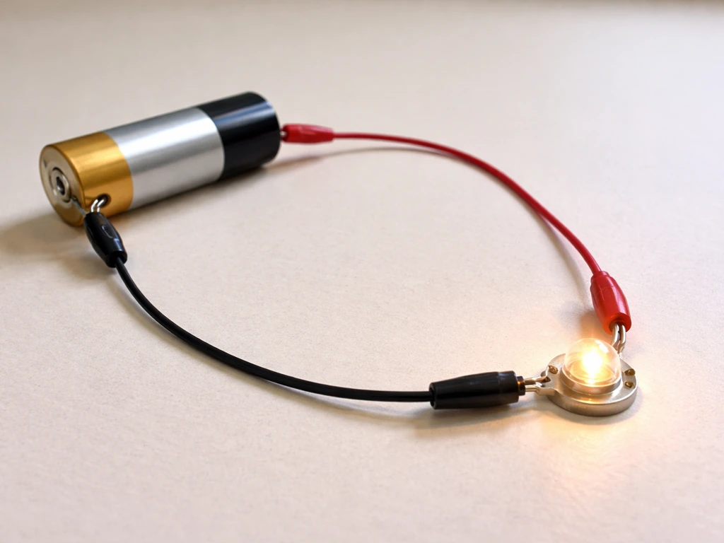 Photo-real view of a simple DC circuit with a battery, wires, and a lit-up bulb/LED module.