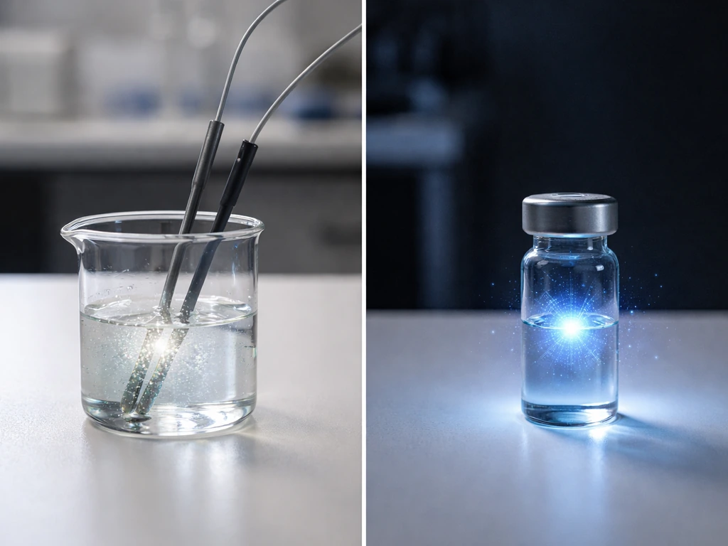 Minimal lab bench split view: beaker with subtle ion/electron motion vs a glowing vial for nuclear change.