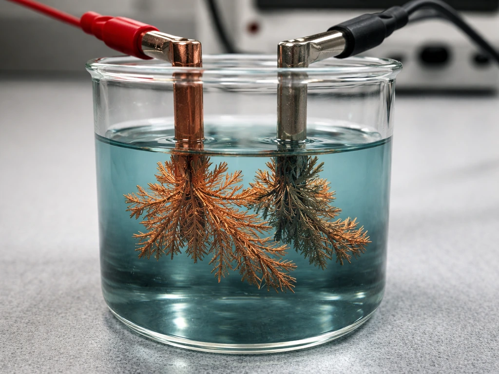 Close-up of copper dendrites growing on an electrode in electrolyte with DC cables visible.