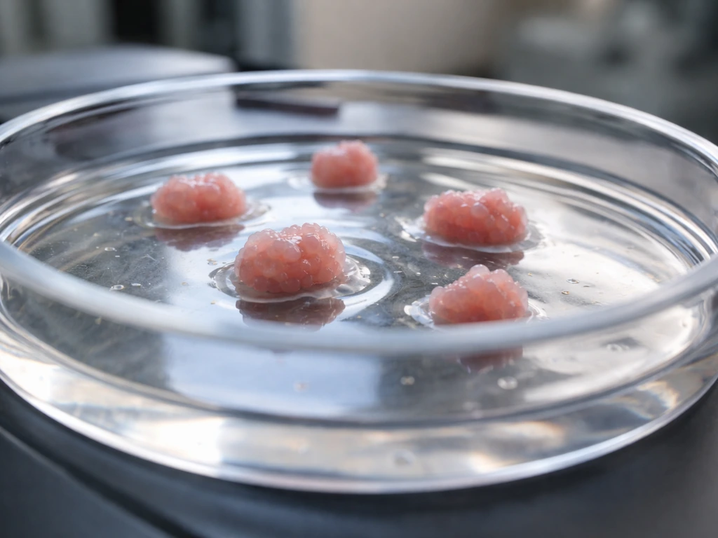 Close-up of translucent cardiac organoids under a microscope, suggesting stem-cell grown heart tissue.