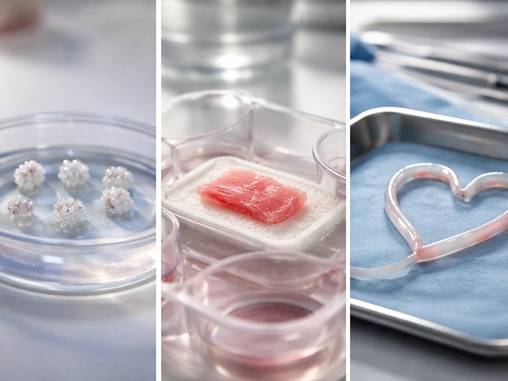 Side-by-side close-up lab scenes showing heart cell clusters, a muscle patch, and a symbolic heart form.