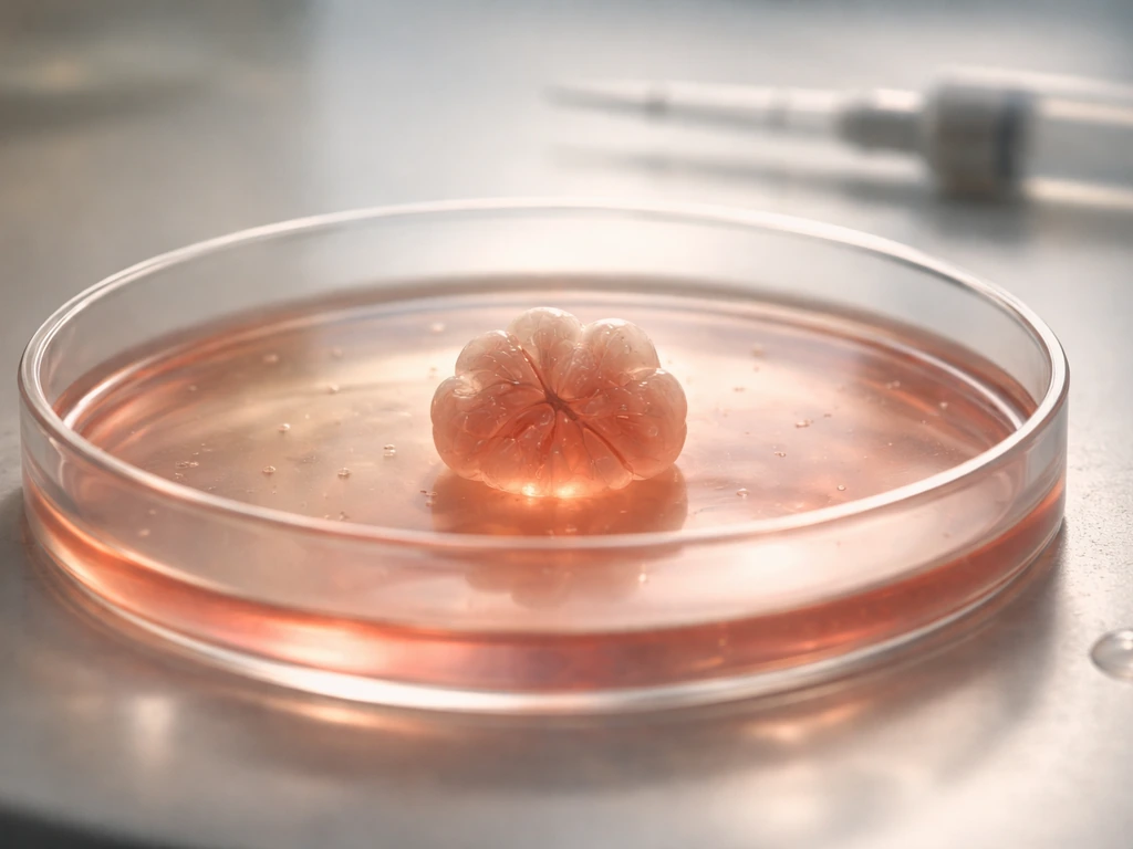 A 3D cardiac organoid in a lab dish with gently glowing conditioned media on a minimal bench.
