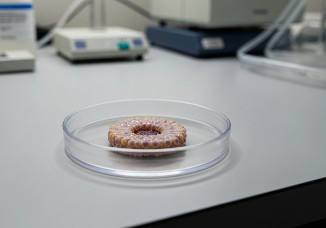 Close-up of a lab organoid-like 3D construct with a central live/dead color gradient in a clear dish