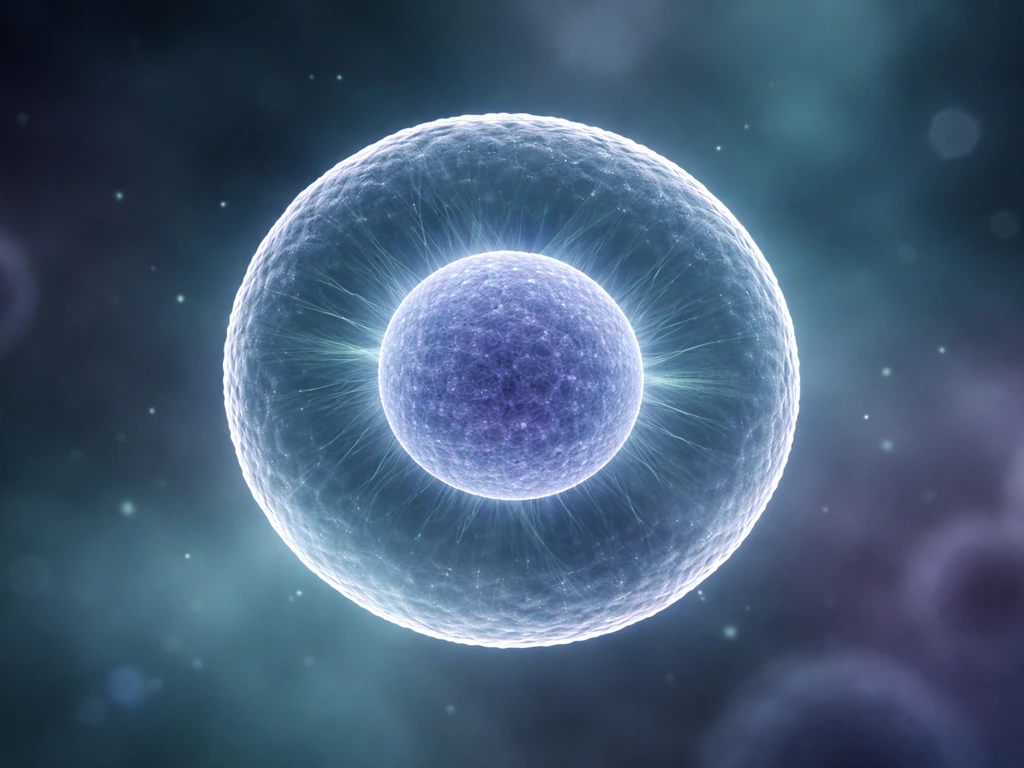 Microscope-style view of a single cell preparing to divide, with DNA-focused nucleus and faint mitosis fibers.