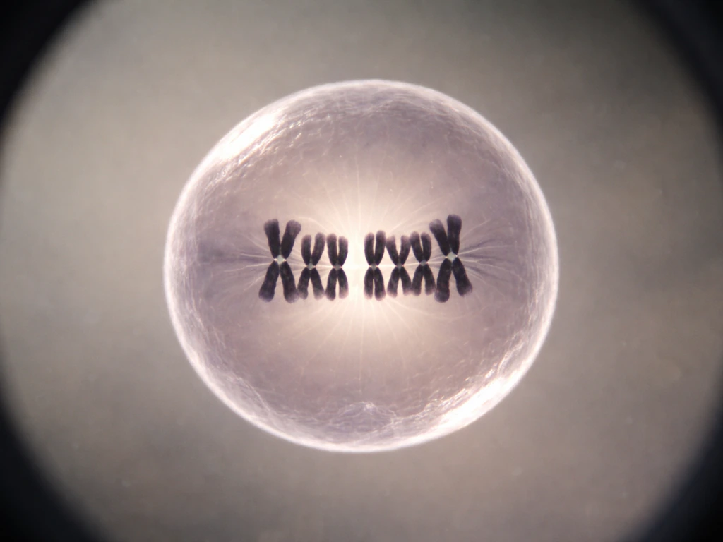 Microscope view of condensed chromosomes aligning, suggesting mitosis progressing toward two daughter cells