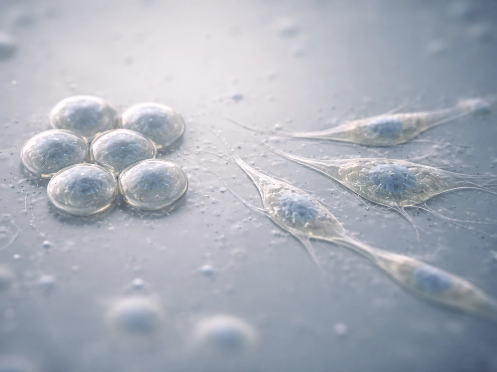 Close-up of a biological lab scene showing cells transitioning from round to specialized elongated forms