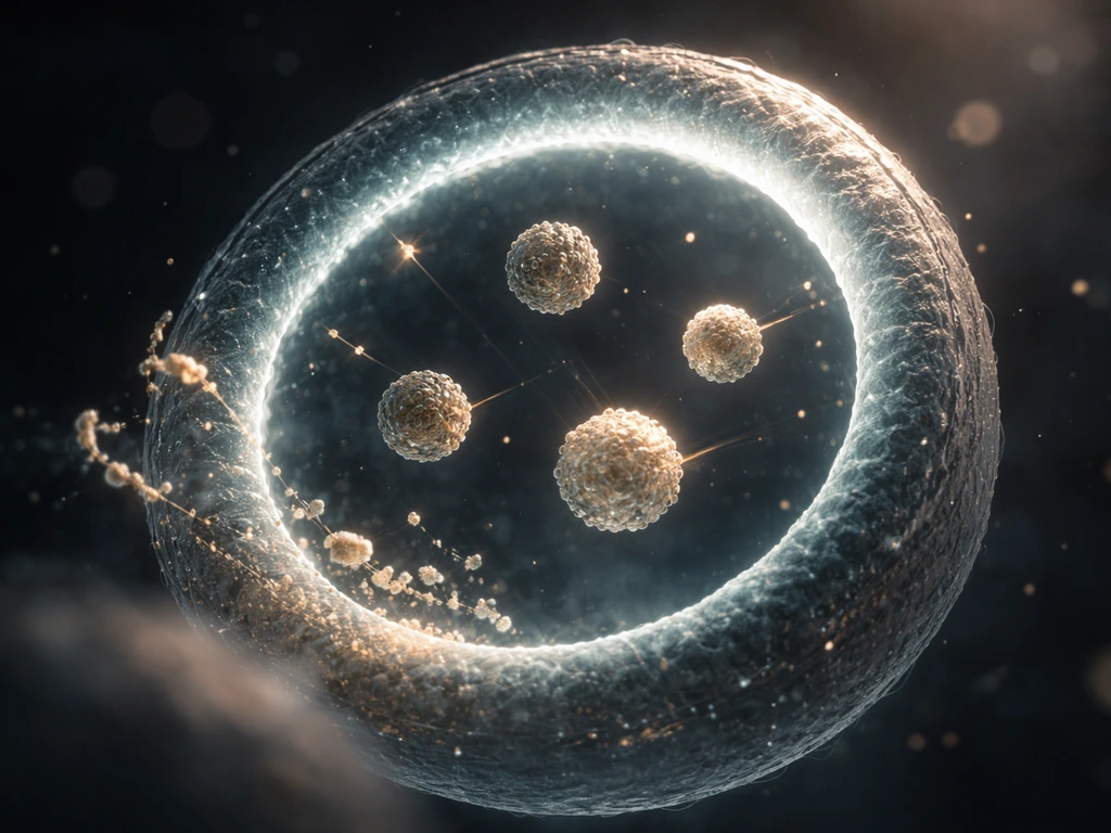 Close-up of a minimal “cell factory” scene with glowing membrane rings and small ribosome-like spheres recycling materia