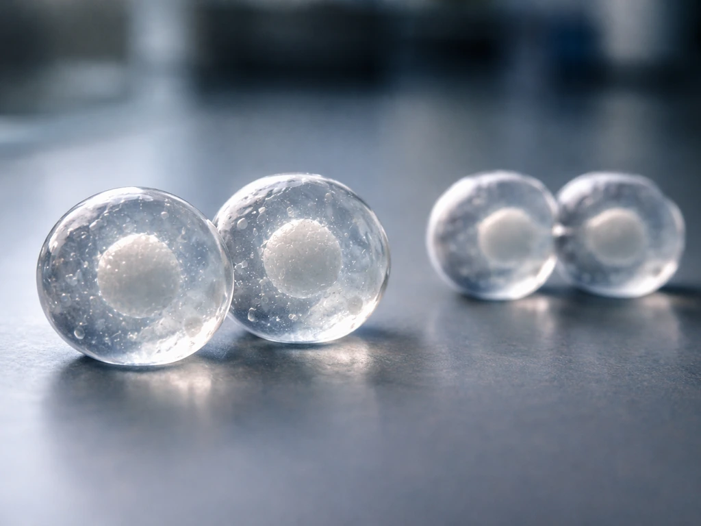 Microscope-style view of four simple cell stages showing growth versus division without any labels or text.