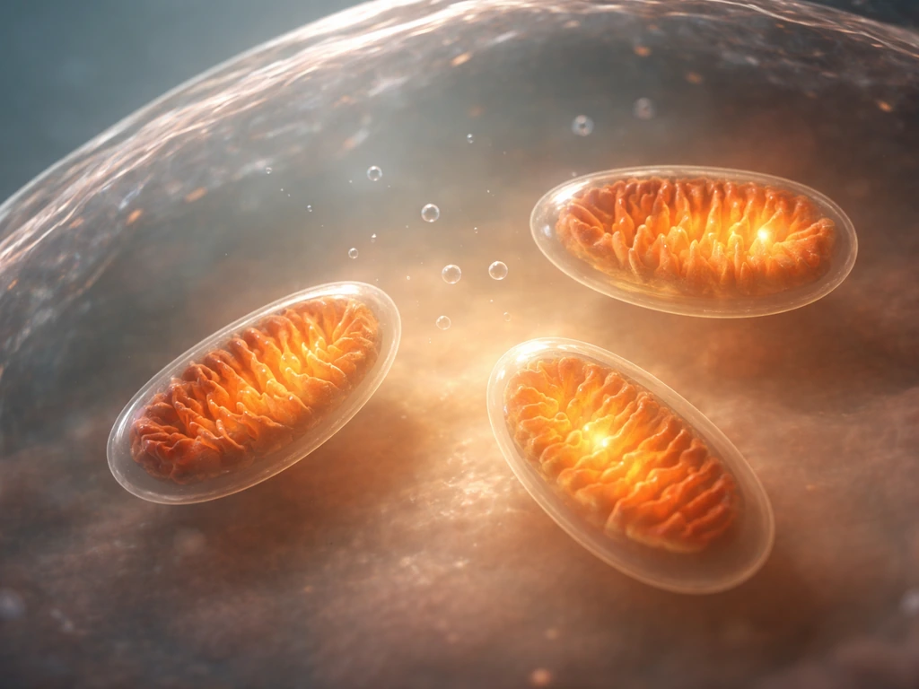Close-up of mitochondria-like power units beside a simple membrane, with warm light implying ATP/oxygen energy flow.