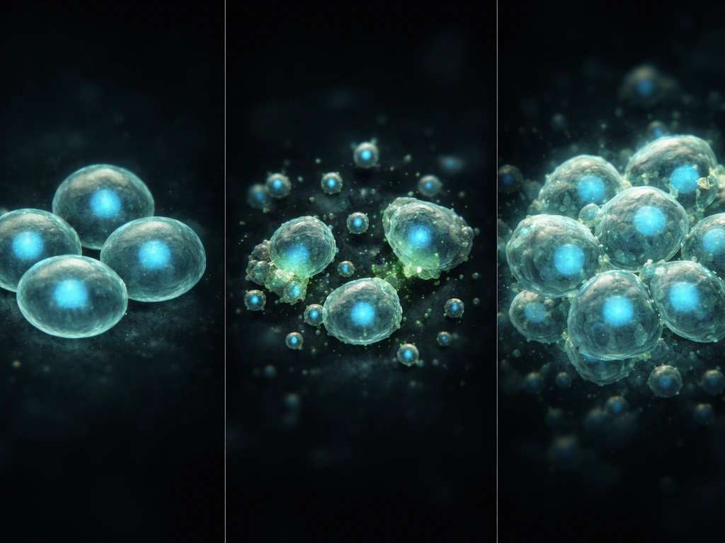 Minimal lab-style cellular imagery contrasting resting, apoptotic fragmentation, and rapid overgrowth clusters.