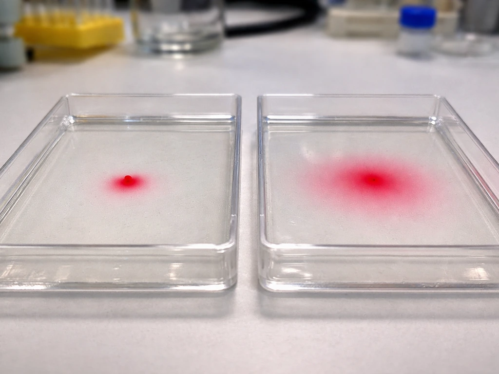 Colored dye diffusing through agar gel to illustrate slow travel with distance.