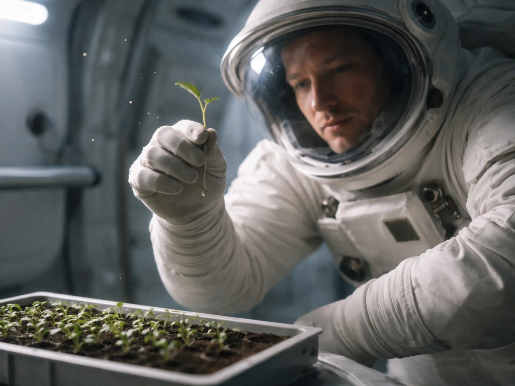 Astronaut in microgravity holding a small plant shoot that drifts inside a spacecraft-like cabin