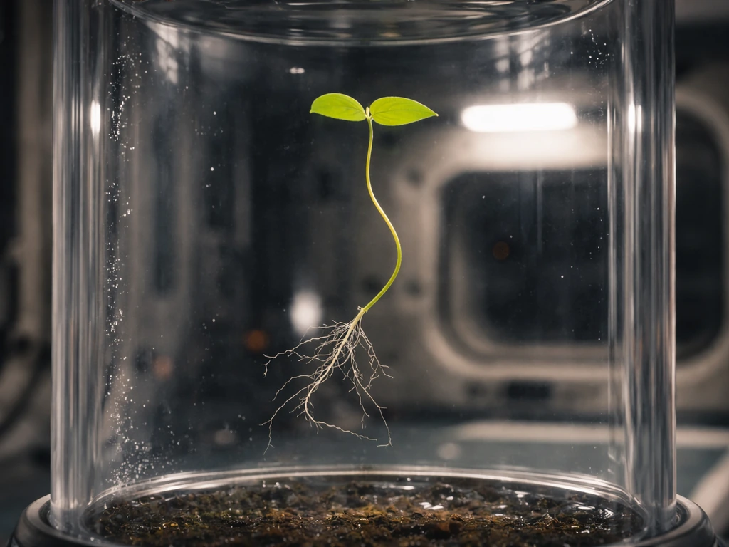 A small plant in a clear chamber with roots drifting and stems curving, showing altered microgravity growth.