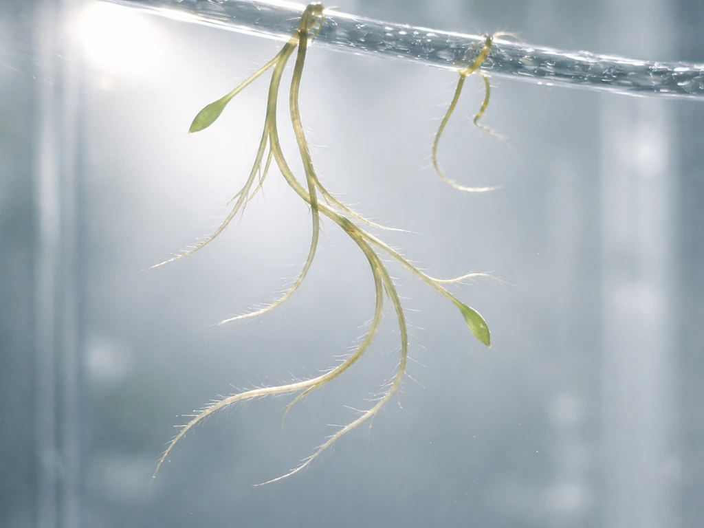 Green plant roots drifting in microgravity-like lab, branching toward a soft light source and textured surface.