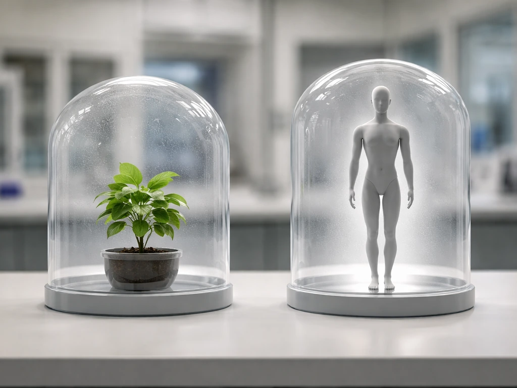 Two unlabeled specimens: a plant and a person silhouette-like figure in a simple lab setting