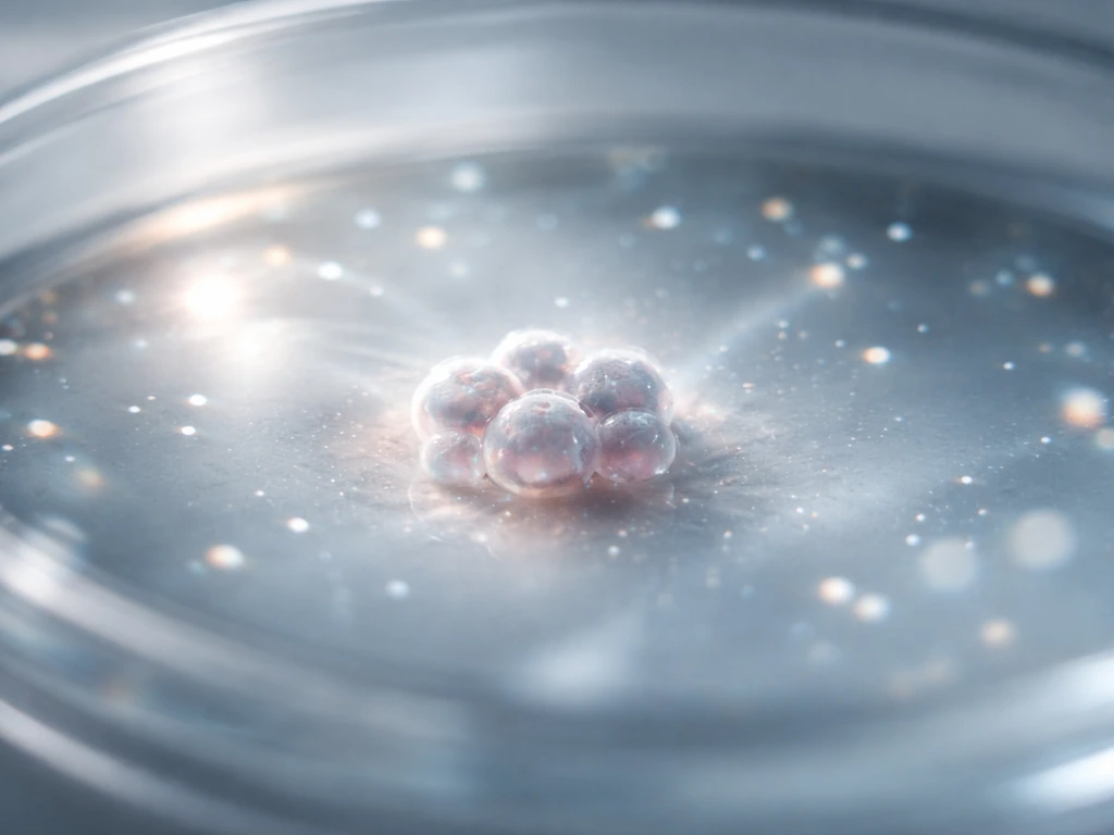 Microscope-like view of a growing cell cluster in a nutrient droplet with tiny glowing particles nearby.