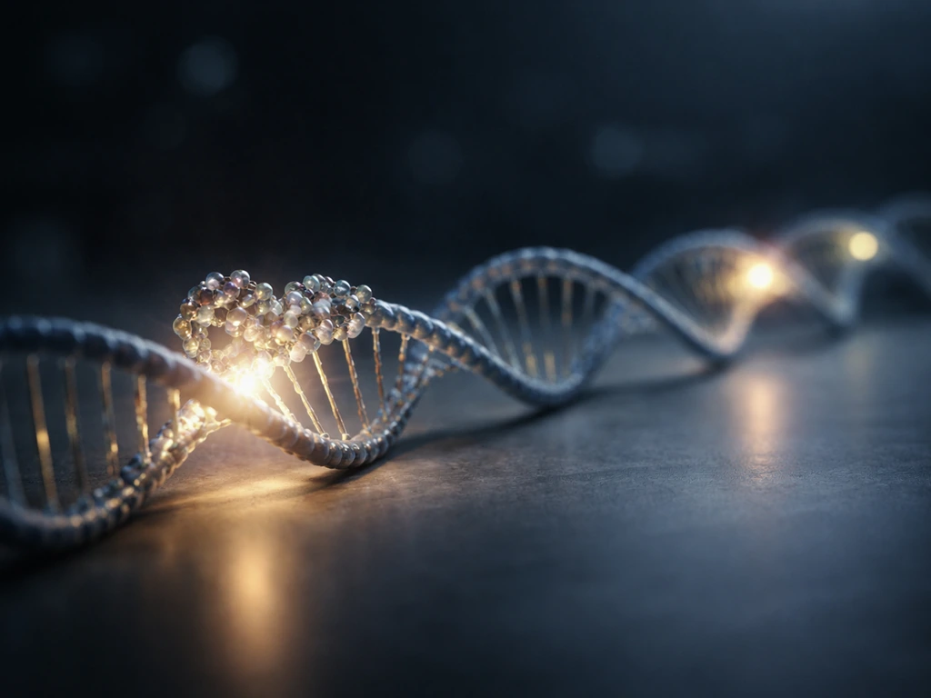 Close-up of a glowing DNA helix with one active initiation spot suggesting once-per-cycle replication.