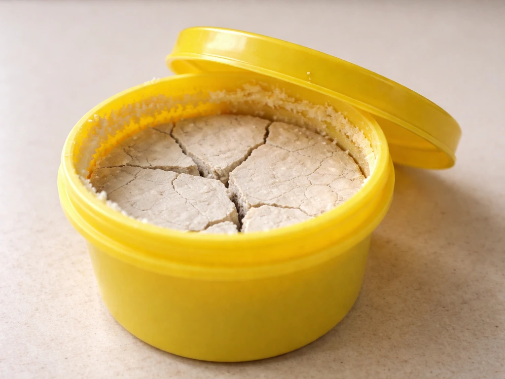 Close-up of a Play-Doh tub with a loosely sealed lid edge and small crystal-like bits on dried dough.