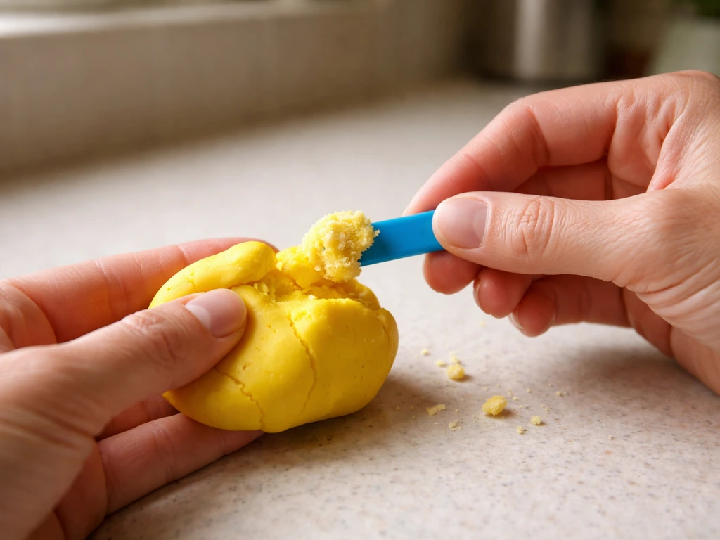 Hands pinching off a visibly crystallized section of Play-Doh with a small tool on a clean surface.