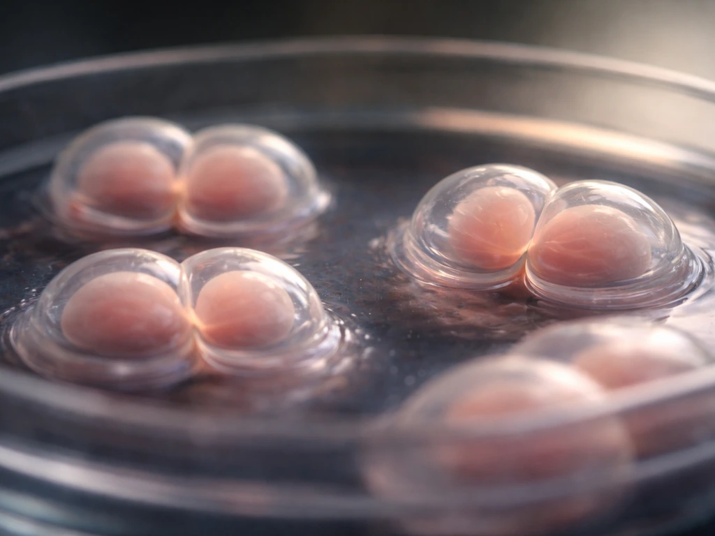 Macro view of dividing cells forming subtle layered tissue in a dark lab dish.