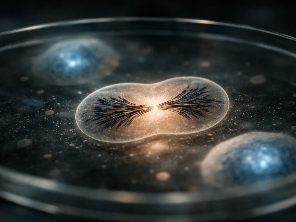 Macro photo of cells as if dividing: mitosis with separated chromosome-like strands in a minimal lab setting.