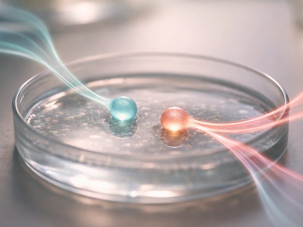 Two neighboring glowing cells in a gel receive color-shifting chemical signals from nearby fluid flows.